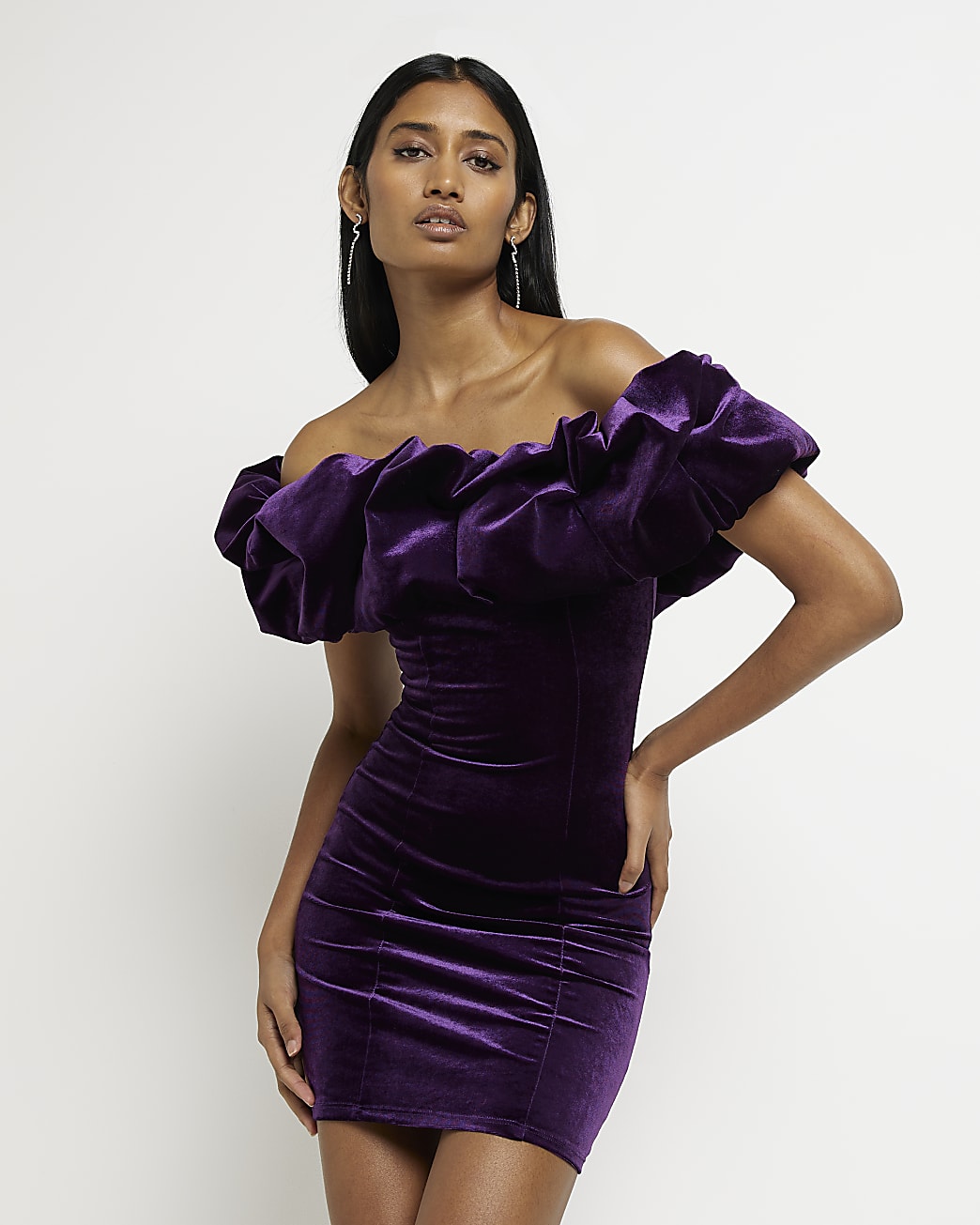 Purple velvet dress with ruche detail