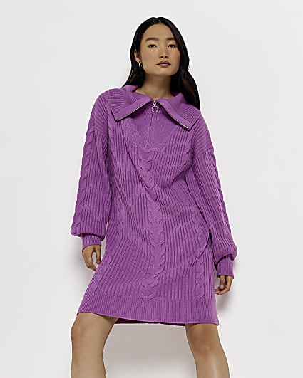Purple zip front jumper mini dress