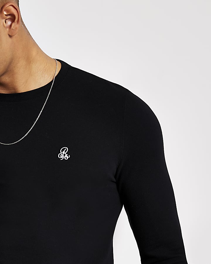 R96 black muscle fit long sleeve T-shirt