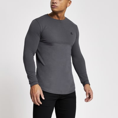 R96 grey muscle fit long sleeve pique T-shirt | River Island