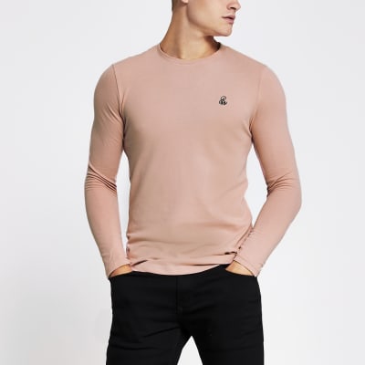 R96 pink muscle fit long sleeve pique t-shirt | River Island
