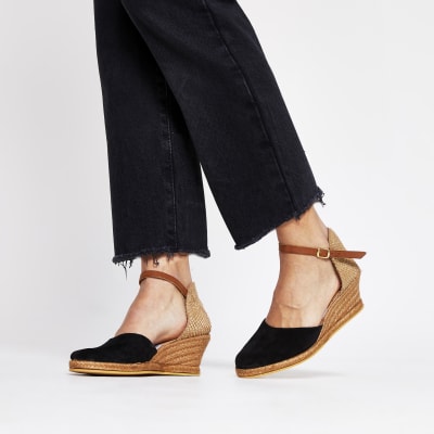 black leather espadrille wedges