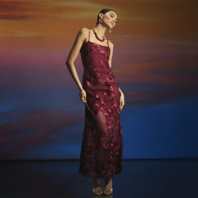 Red 3D Floral Mesh Tube Maxi Dress