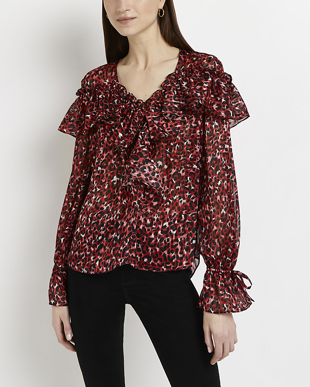 Red animal print chiffon blouse