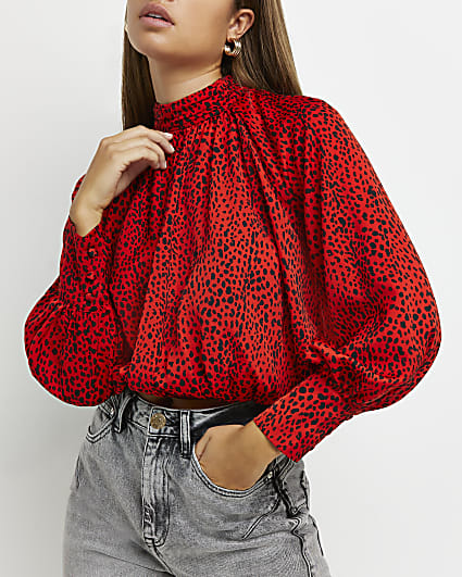 Red animal print cropped blouse