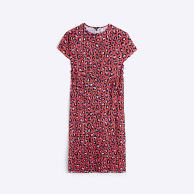 Red animal print plisse t-shirt midi dress
