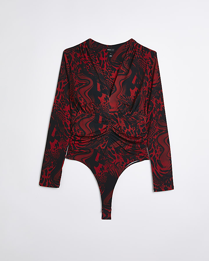 Red animal print ruched bodysuit