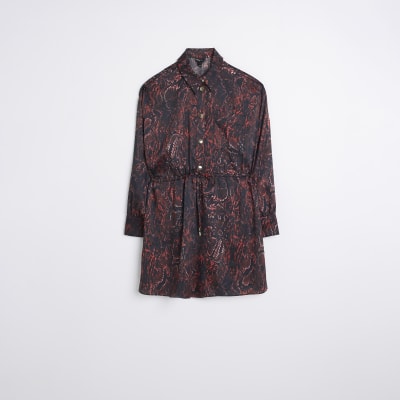 Red animal print utility mini shirt dress