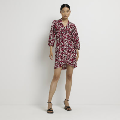 Red animal print wrap mini dress
