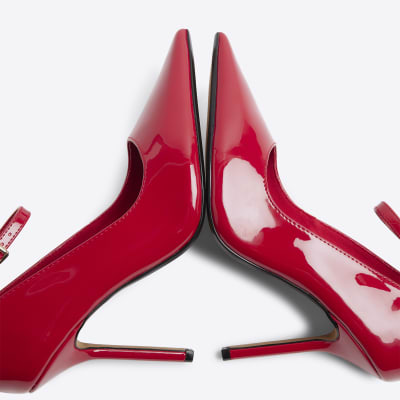 Red ankle strap heeled court shoes River Island