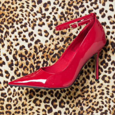Red ankle strap heeled court shoes River Island