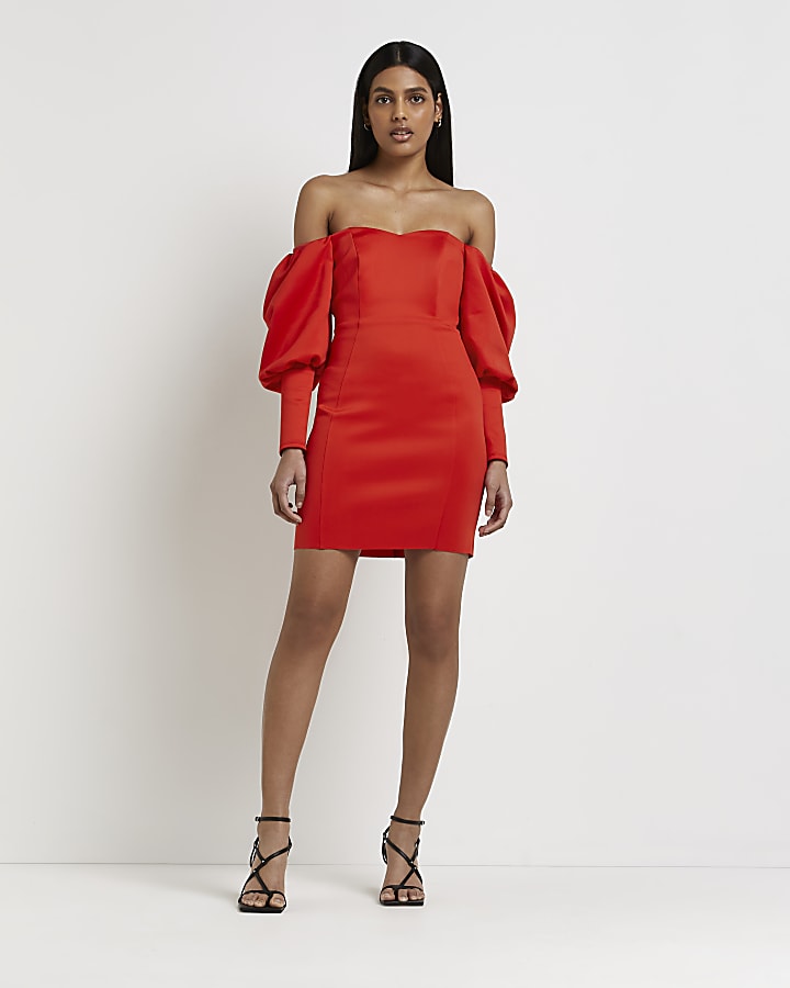 Red bardot bodycon mini dress