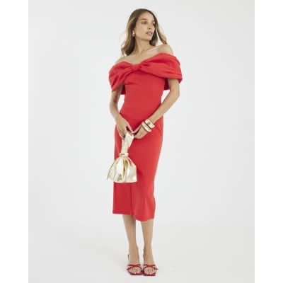 Red Bardot Bow Detail Bodycon Midi Dress