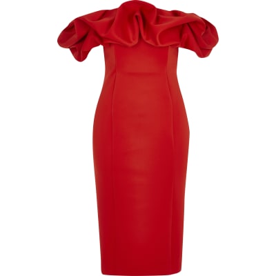 red bardot ruffle dress