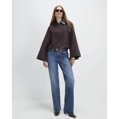 Red Batwing Sleeve PU Collar Barn Jacket