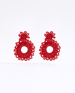 Red beaded flower drop earrings