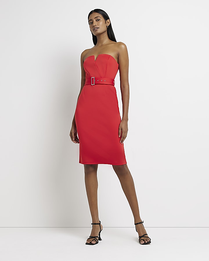 Red belted bandeau bodycon midi dress