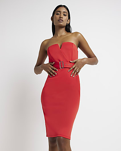 Red belted bandeau bodycon midi dress