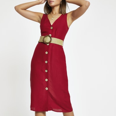 red button front midi dress
