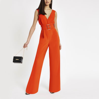 Red belted wide leg jumpsuit