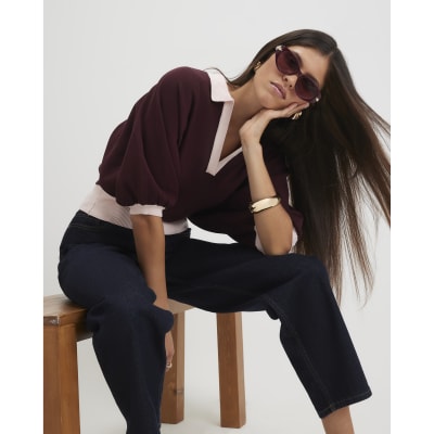 Blocked Knitted Slouch Polo Top