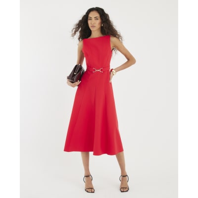 Red Boat Neck Sleeveless Belted Midi Dress