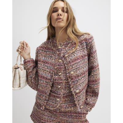 Red Boucle Cropped Bomber Jacket