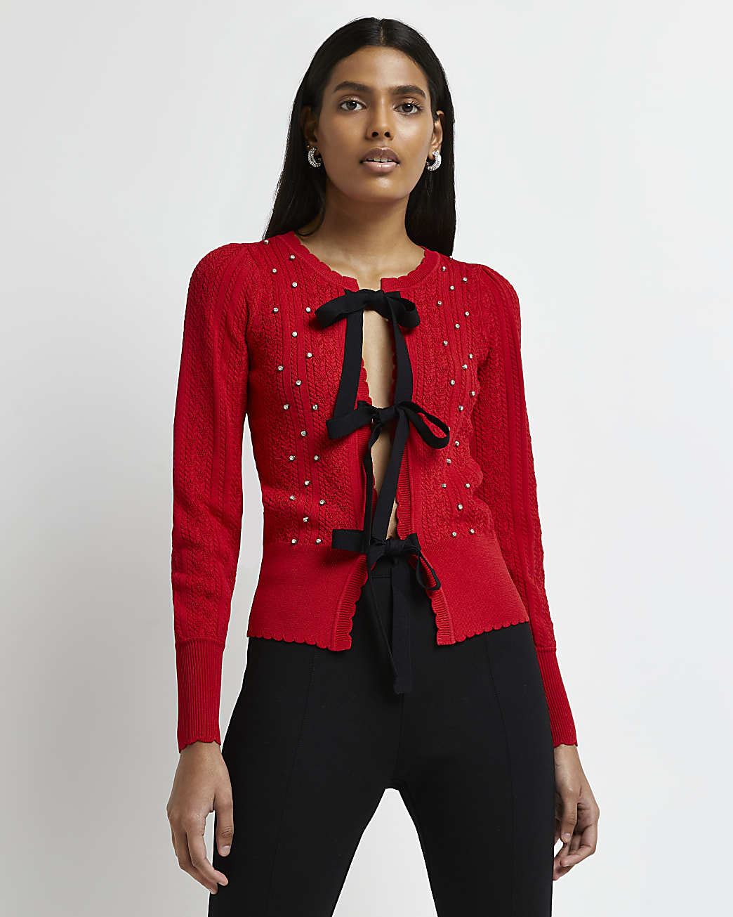Red bow front embellished cardigan