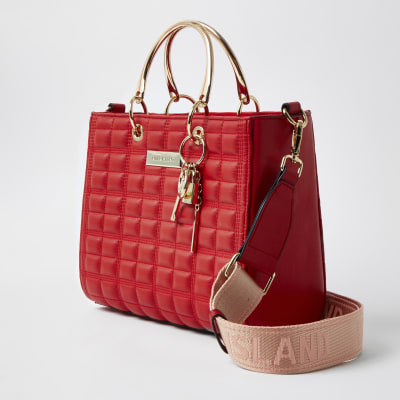 Red boxy quilted tote handbag | River Island