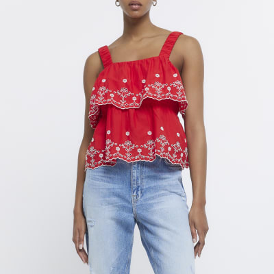 Red Broderie Layered Cami Top
