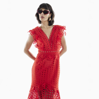 Red Broderie Midi Dress
