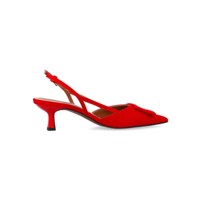 Red buckle sling back heeled court shoes | River Island