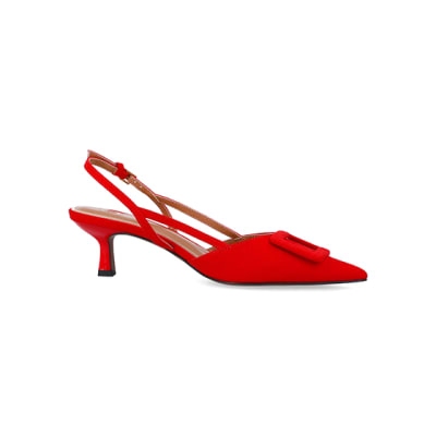 Red buckle sling back heeled court shoes | River Island
