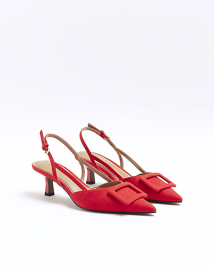 Red buckle sling back heeled court shoes