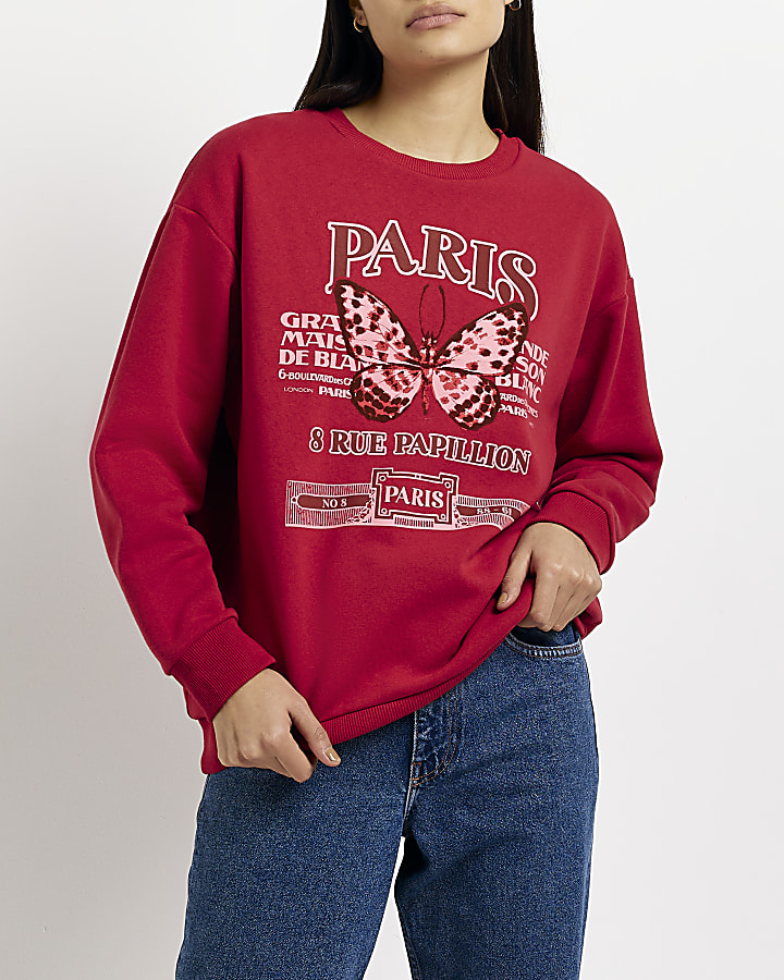 Red butterfly print long sleeve sweatshirt