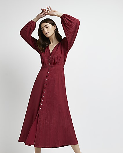 Red button front midi dress