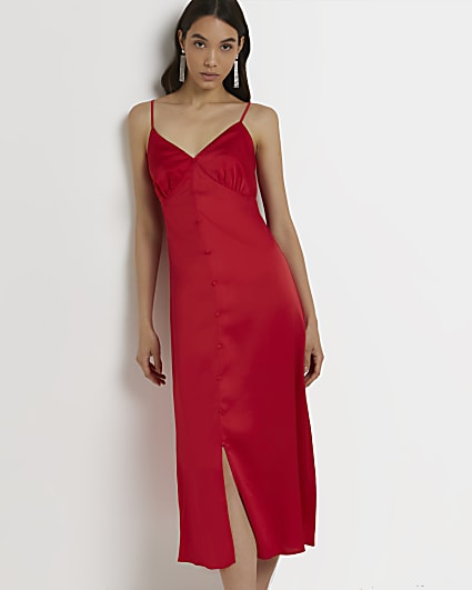 Red button front slip dress