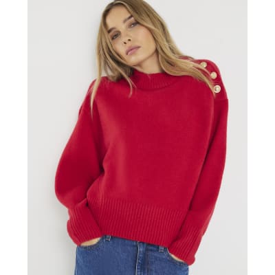 Red Button Neck Jumper