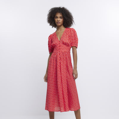 Red Button Tea Midi Dress | River Island