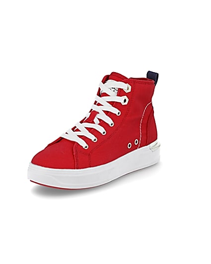 360 degree animation of product Red canvas high top trainers frame-0