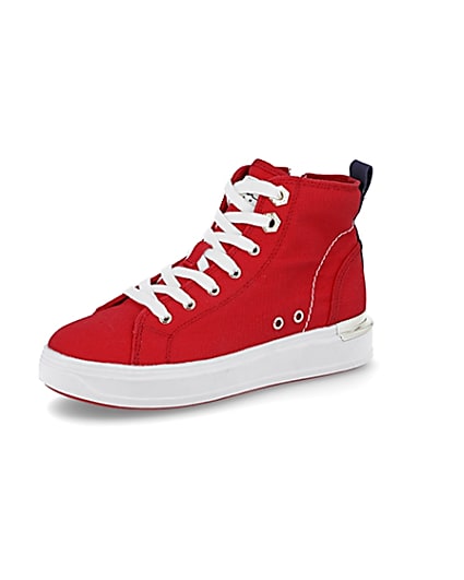 360 degree animation of product Red canvas high top trainers frame-1