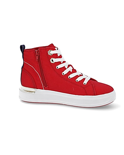 360 degree animation of product Red canvas high top trainers frame-16