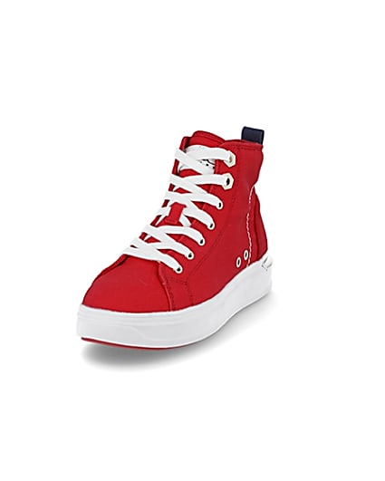 360 degree animation of product Red canvas high top trainers frame-23