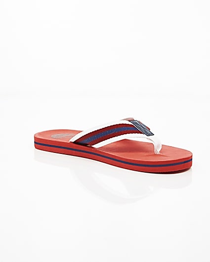 360 degree animation of product Red canvas stripe flip flops frame-7