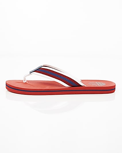 360 degree animation of product Red canvas stripe flip flops frame-22
