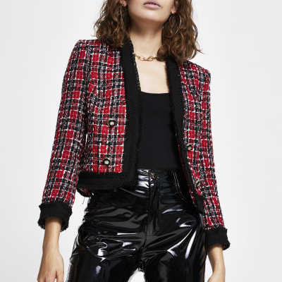 Red check boucle long sleeve jacket | River Island