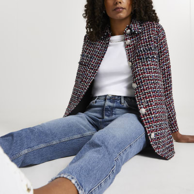 Red check print boucle shacket | River Island