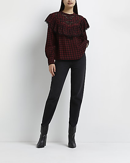 Red check Victoriana ruffled blouse