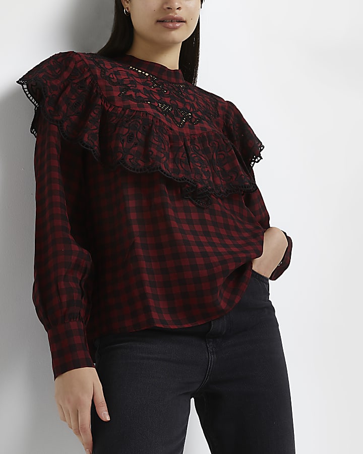 Red checked Victoriana ruffled blouse