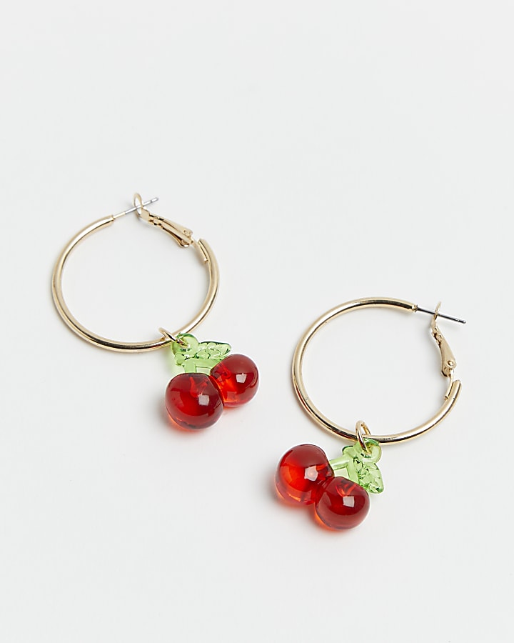 Red cherry drop hoop earrings